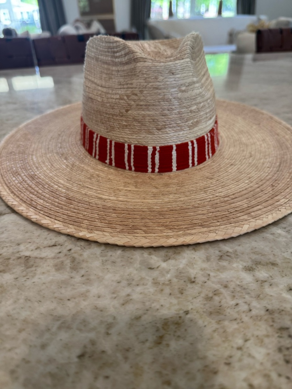 Wide-Brim Straw Fedora with Red Striped Band